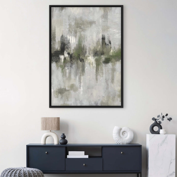 Framed Canvas - Amalfi Green displayed in a bright modern space with natural decor
