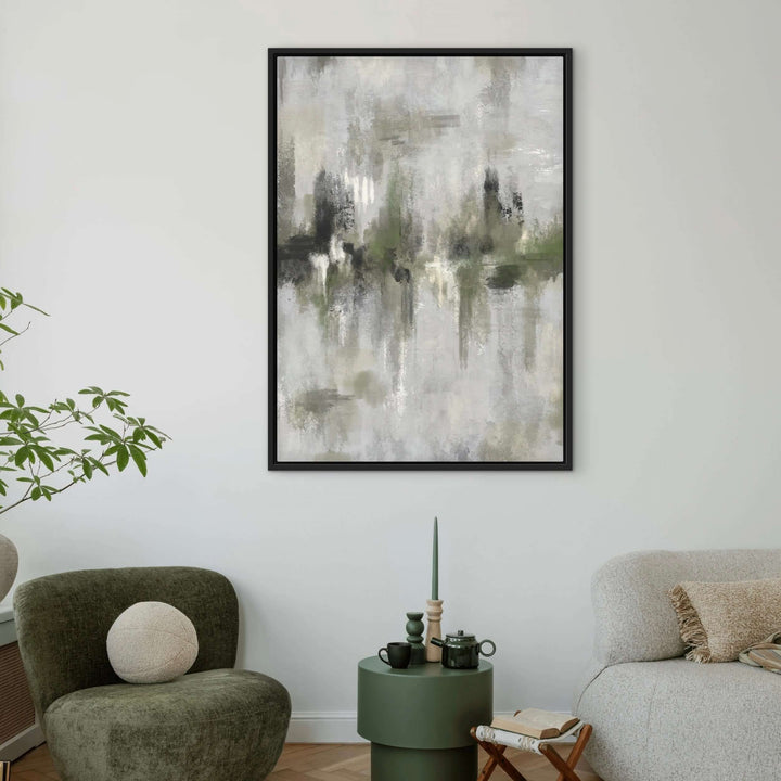 Framed Canvas - Amalfi Green styled in a contemporary interior with botanical accents
