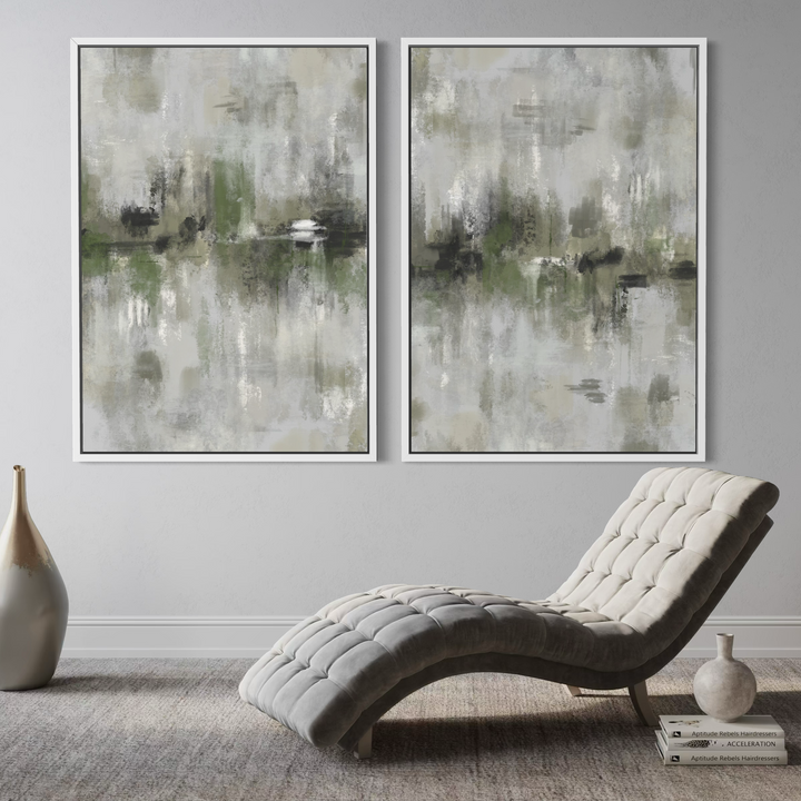 Framed Canvas Set of 2 - Amalfi Green displayed as a pair in a modern living room