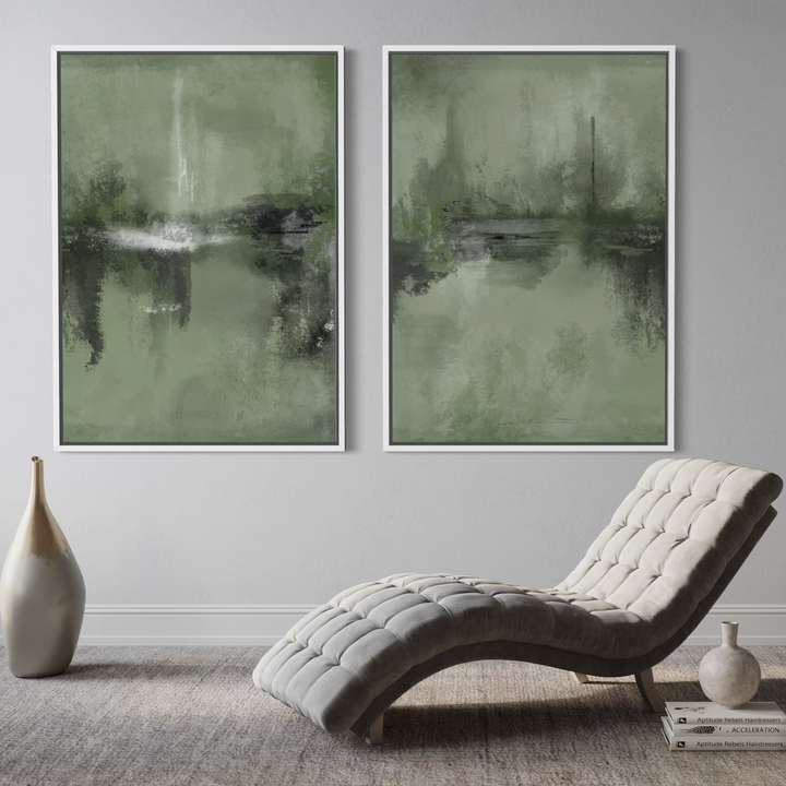 Framed Canvas Set of 2 - Verona Sage styled in a contemporary interior with green accents