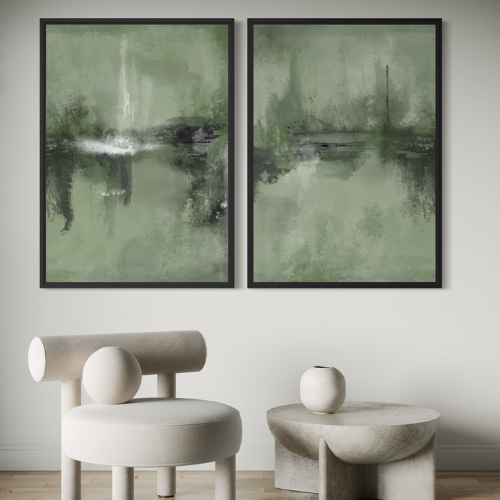 Framed Canvas Set of 2 - Verona Sage displayed as a pair in a modern living room