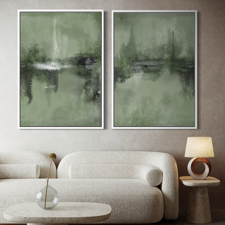 Framed Canvas Set of 2 - Verona Sage abstract wall art in soft sage green tones - hand-stretched wall art by HD London Art