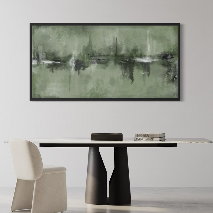 Framed Canvas - Verona Sage displayed in a bright modern space with warm green accents