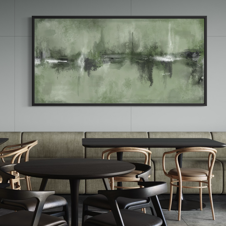Framed Canvas - Verona Sage styled in a contemporary bedroom with natural decor