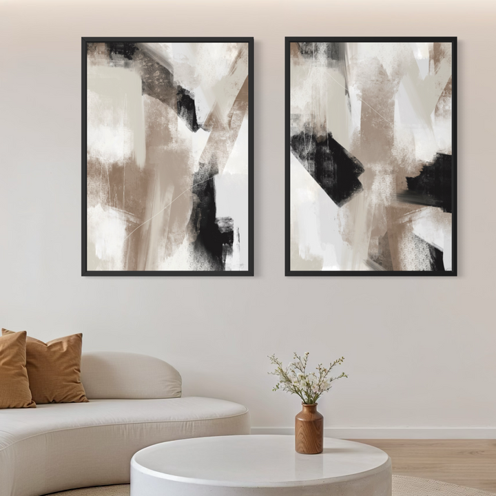 Framed Canvas Set of 2 - Soho abstract wall art in urban sophisticated tones - hand-stretched wall art by HD London Art