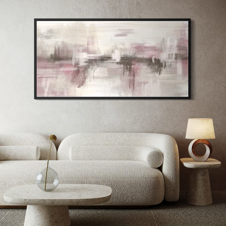 Framed Canvas - Pink Dusk styled in a contemporary bedroom with warm decor