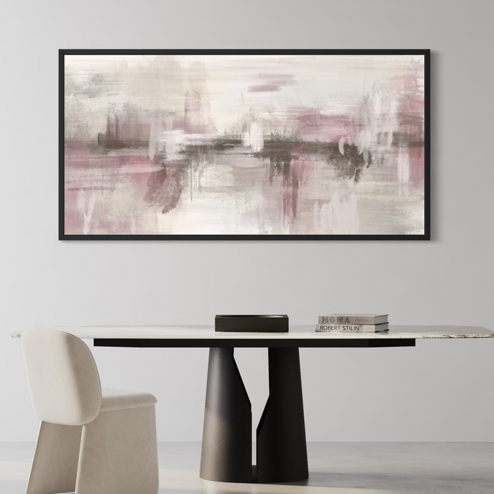 Framed Canvas - Pink Dusk displayed in a modern living room with warm feminine styling