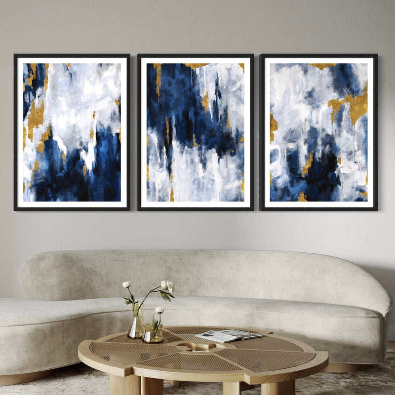 Abstract Art set of 3 prints - Navy Blue & Gold