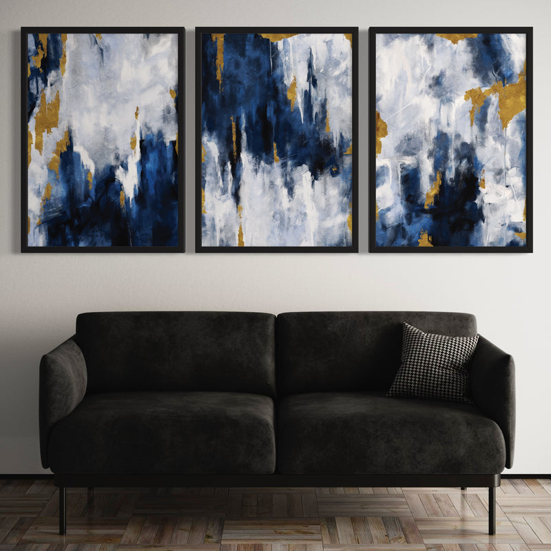 Abstract Art set of 3 prints - Navy Blue & Gold