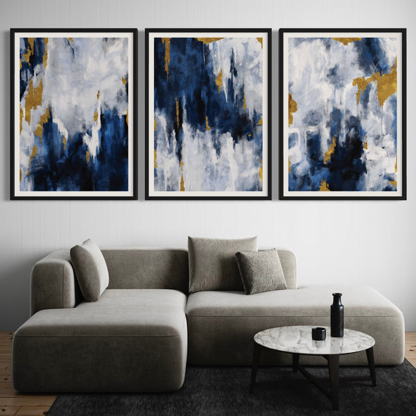 Abstract Art set of 3 prints - Navy Blue & Gold