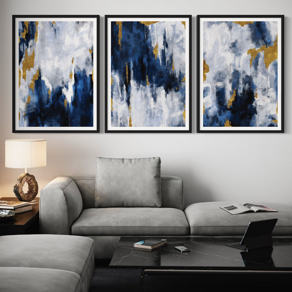 Abstract Art set of 3 prints - Navy Blue & Gold