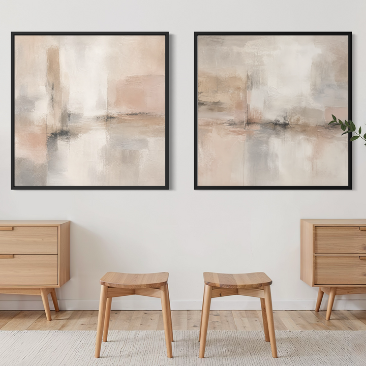 Framed Canvas Set of 2 - Amber Horizon abstract wall art in warm amber and golden horizon tones - hand-stretched wall art by HD London Art