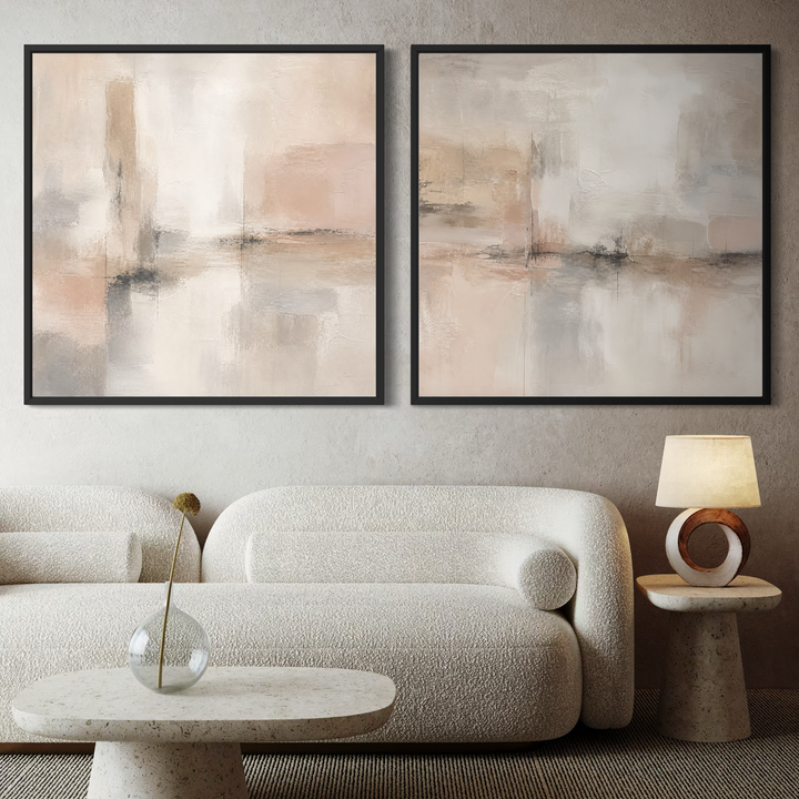 Framed Canvas Set of 2 - Amber Horizon styled in a contemporary interior with warm golden decor