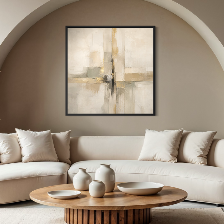Framed Canvas - Quiet Gold displayed in a modern living room with warm golden styling