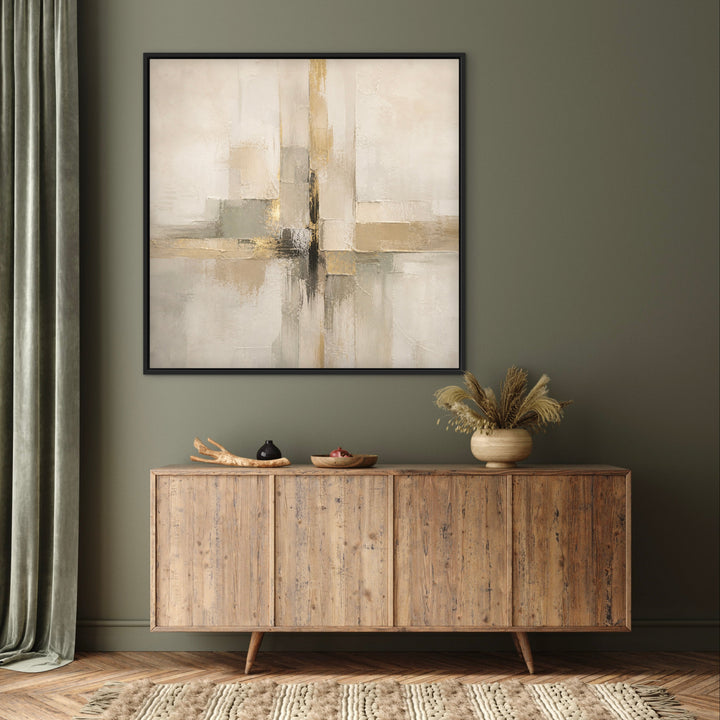 Framed Canvas - Quiet Gold styled in a contemporary interior with warm neutral decor