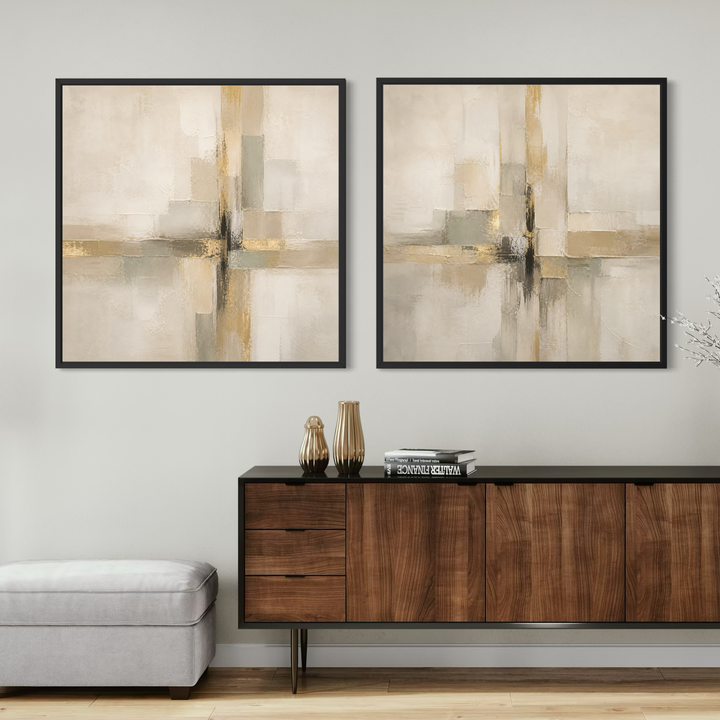 Framed Canvas Set of 2 - Quiet Gold abstract wall art in subtle warm gold tones - hand-stretched wall art by HD London Art
