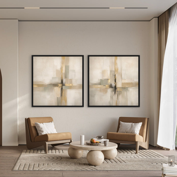 Framed Canvas Set of 2 - Quiet Gold displayed as a pair in a modern living room