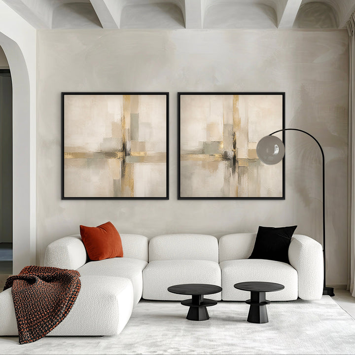 Framed Canvas Set of 2 - Quiet Gold close-up showing warm golden brushwork detail