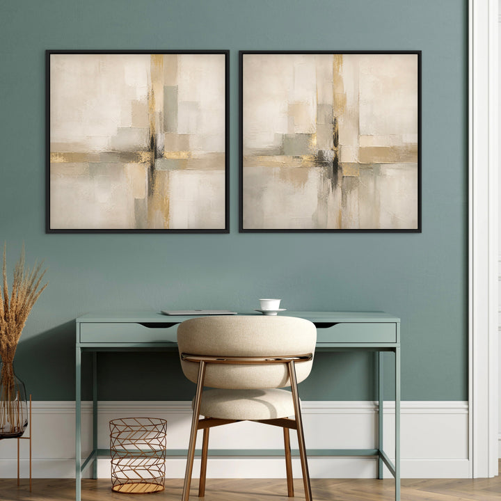 Framed Canvas Set of 2 - Quiet Gold styled in a contemporary interior with warm accents