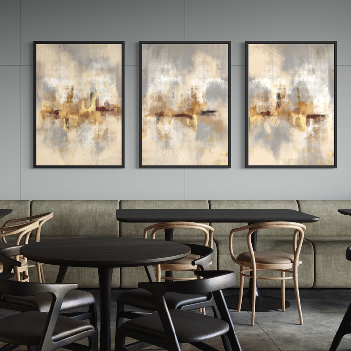 Set of 3 Framed Canvas - Gold Serenity styled in a contemporary interior with elegant decor