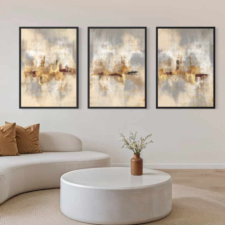 Set of 3 Framed Canvas - Gold Serenity displayed as a trio in a modern living room