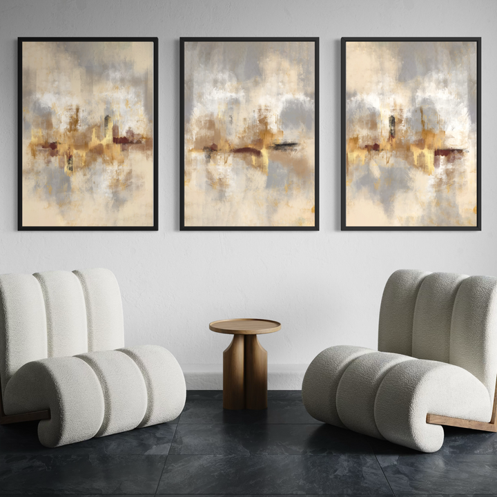 Set of 3 Framed Canvas - Gold Serenity abstract wall art in warm gold and neutral tones - hand-stretched wall art by HD London Art