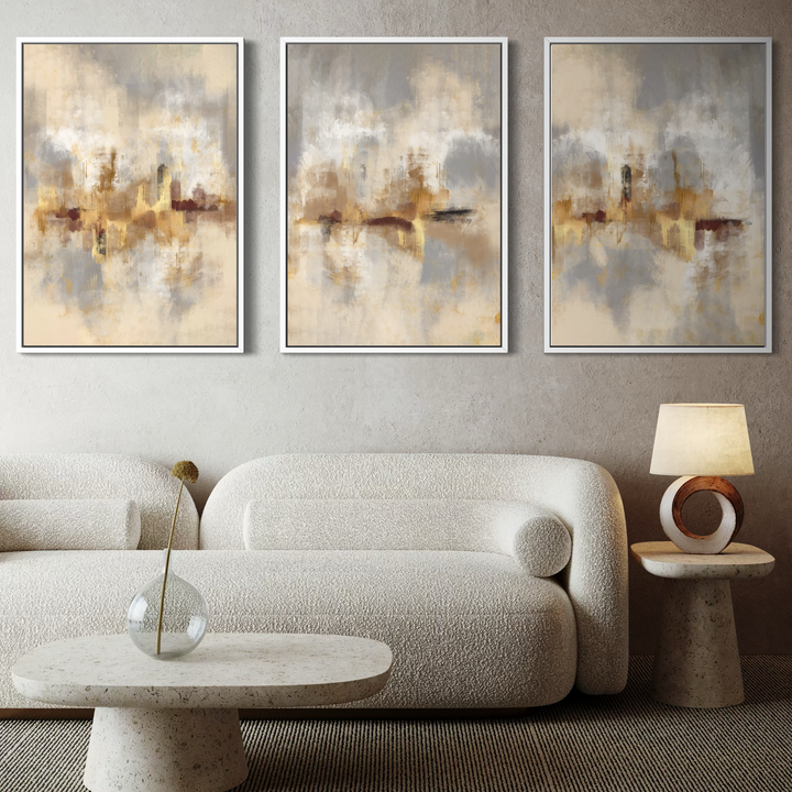 Set of 3 Framed Canvas - Gold Serenity close-up showing warm golden brushwork detail
