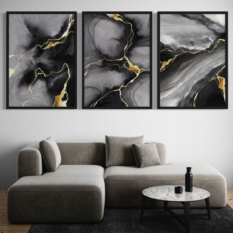 Abstract Art set of 3 prints - Black & Gold