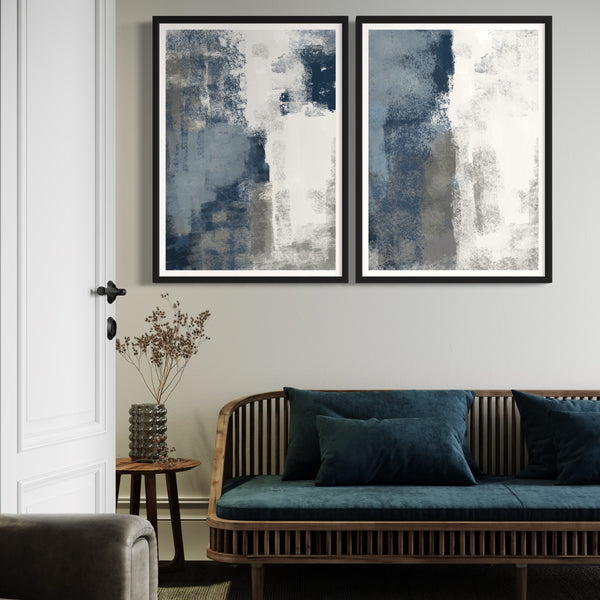 Abstract Art set of 2 prints - Blue & Grey Clouds