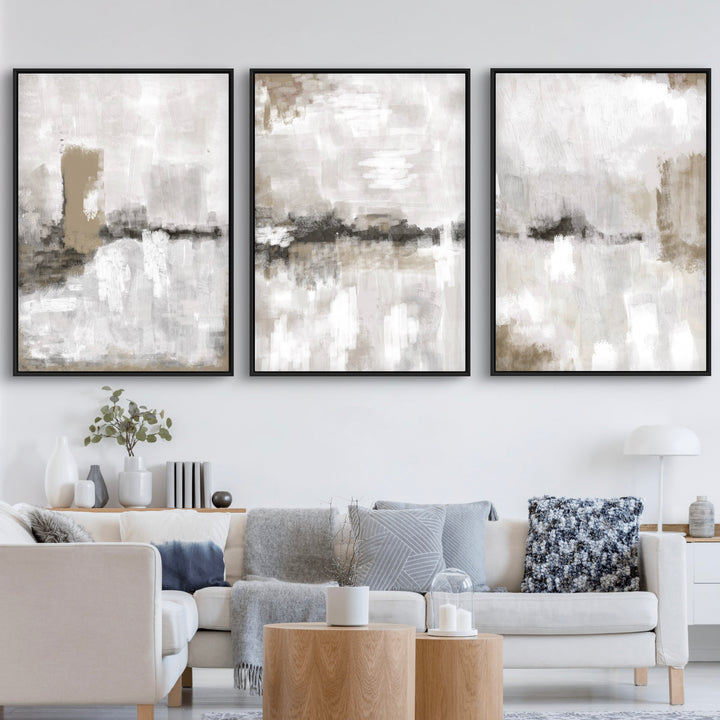 Set of 3 Framed Canvas - Nude & Grey Clouds