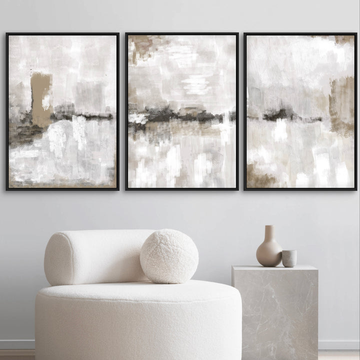 Set of 3 Framed Canvas - Nude & Grey Clouds