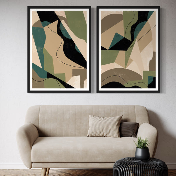 Abstract Art set of 2 prints - Green Shapes