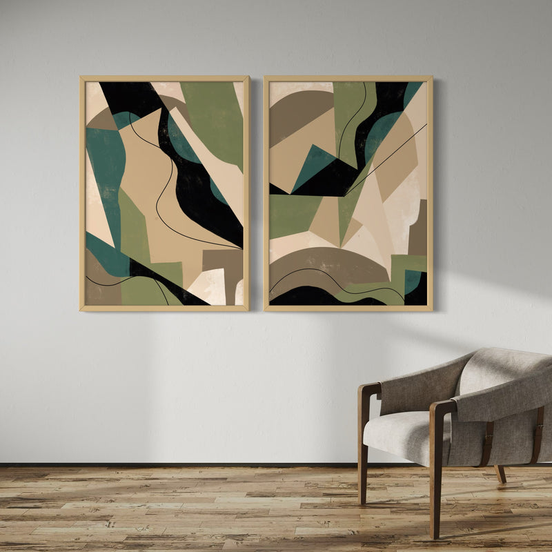 Abstract Art set of 2 prints - Green Shapes