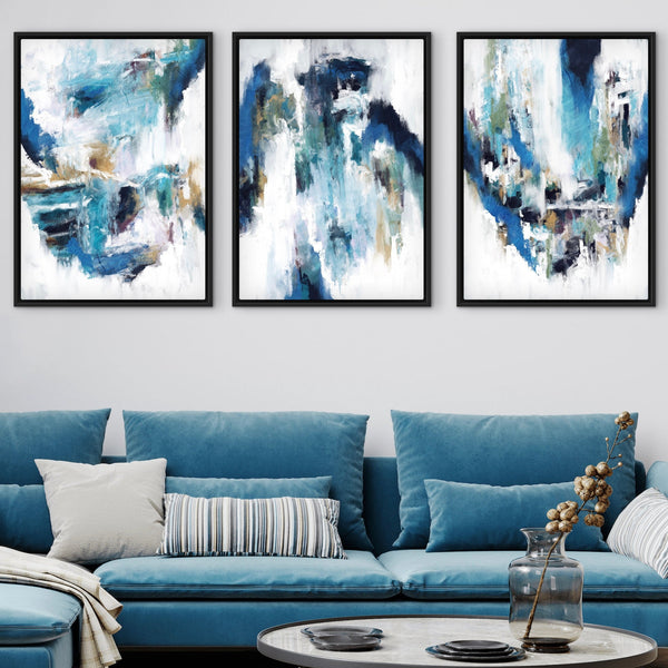 Set of 3 Framed Canvas - Blue Rain