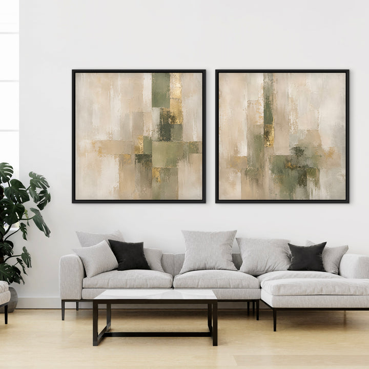 Framed Canvas Set of 2 - Olive & Gold abstract wall art in sage green, gold, and cream tones - hand-stretched wall art by HD London Art
