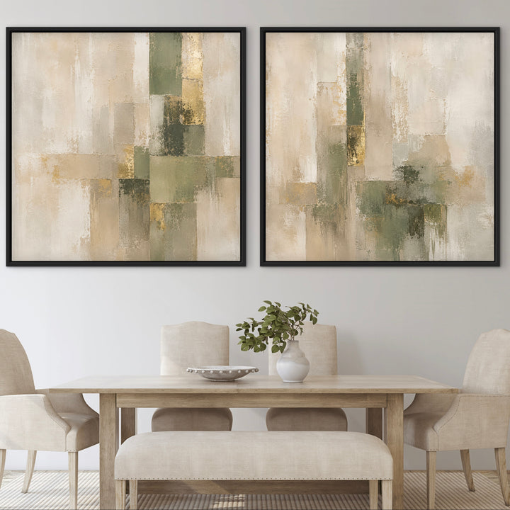 Framed Canvas Set of 2 - Olive & Gold displayed above a dining table in a contemporary home