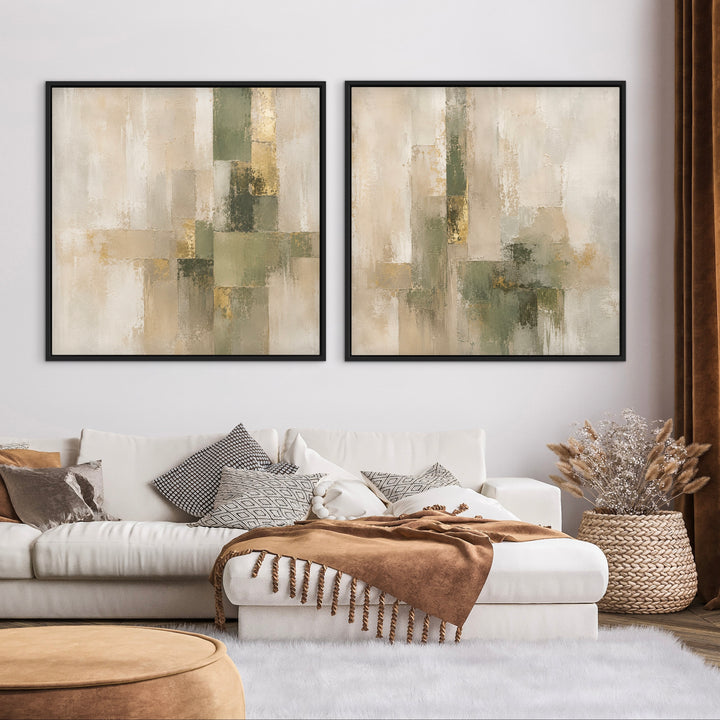 Framed Canvas Set of 2 - Olive & Gold displayed in a warm contemporary living room with earthy decor