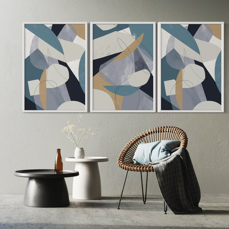 Abstract Art set of 3 prints - Blue Shapes