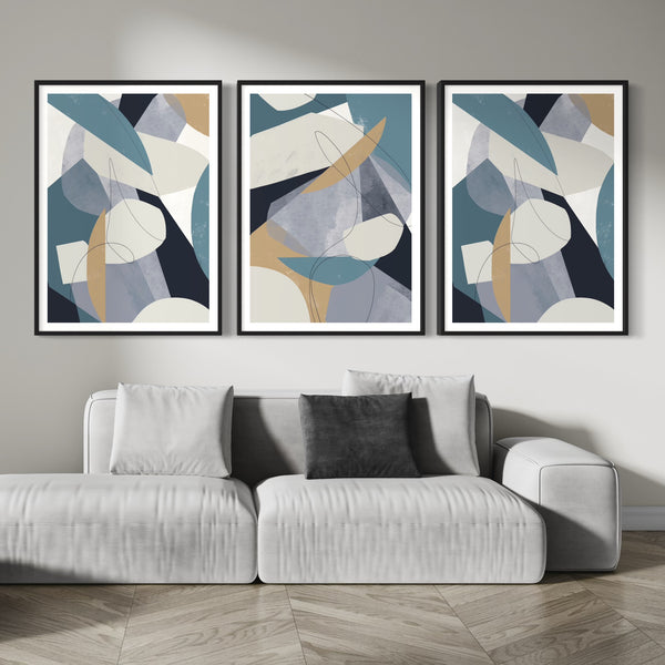 Abstract Art set of 3 prints - Blue Shapes