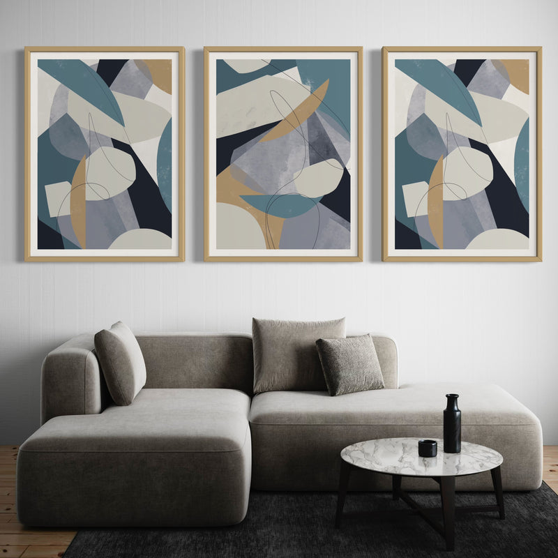 Abstract Art set of 3 prints - Blue Shapes