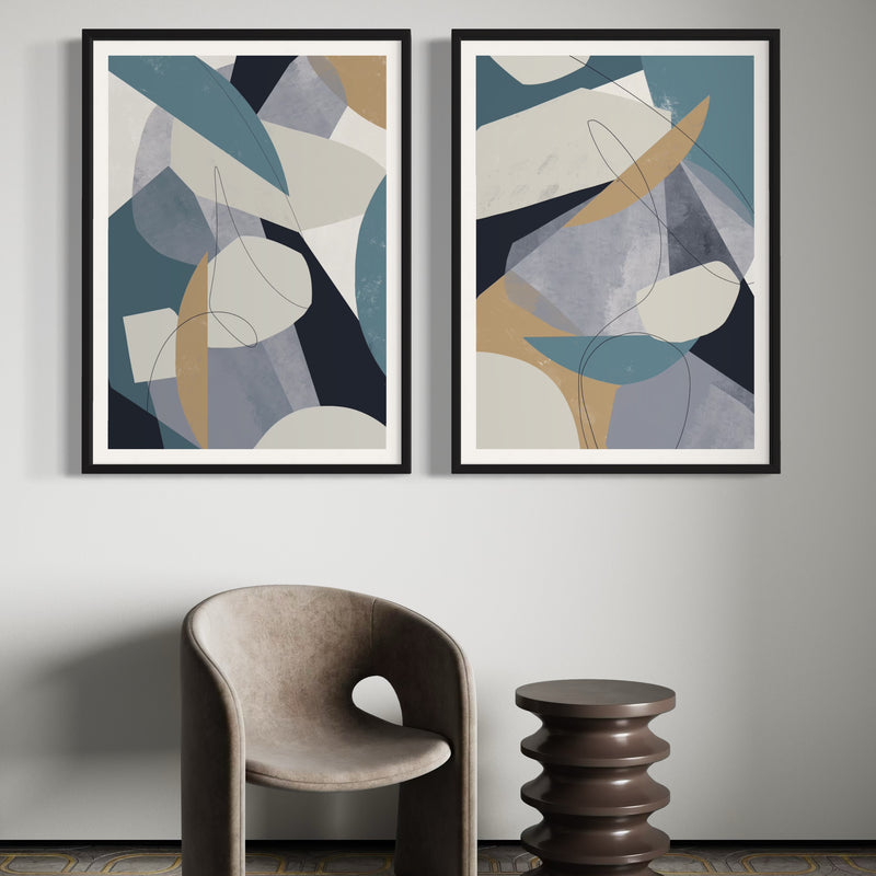 Abstract Art set of 2 prints - Blue Shapes