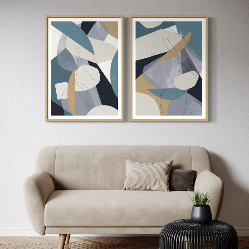 Abstract Art set of 2 prints - Blue Shapes