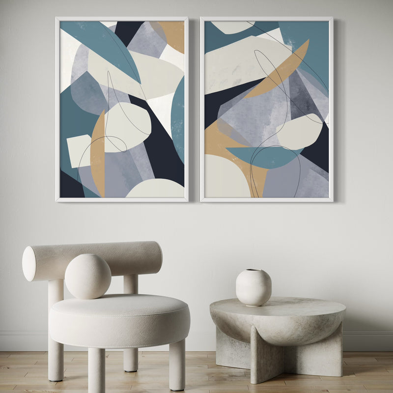 Abstract Art set of 2 prints - Blue Shapes