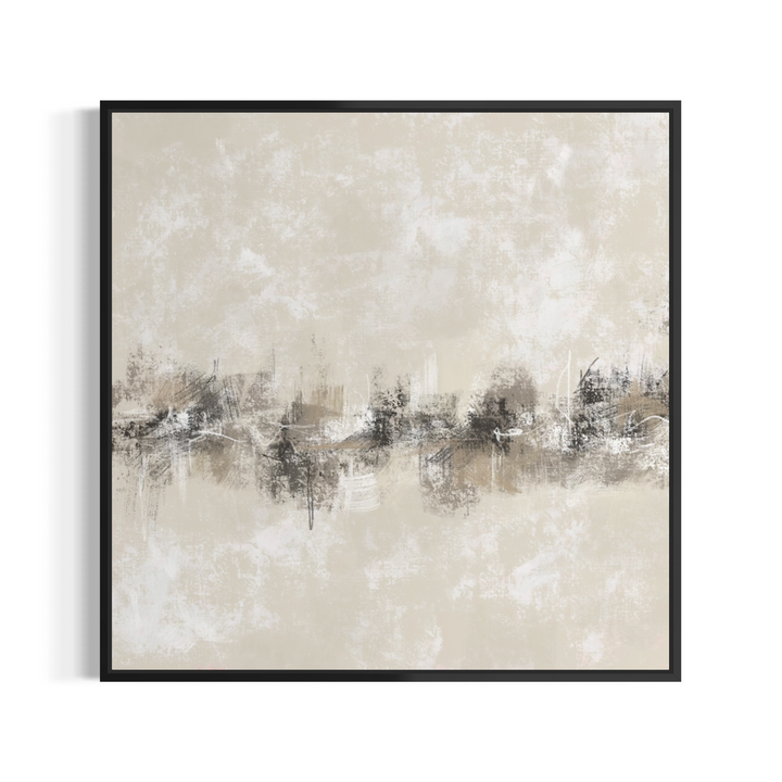 Framed abstract canvas wall art featuring a textured beige and cream background with a dark, sketch-like horizontal band of trees and buildings across the middle, shown in a black frame against a white wall.