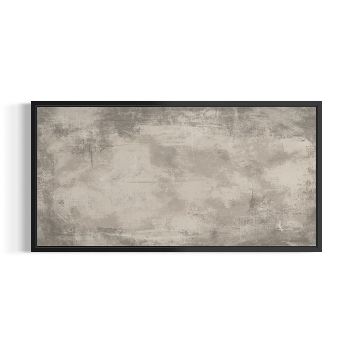 A framed abstract canvas print featuring a textured, distressed gray and beige pattern, enclosed in a thin black frame and shown against a plain white background.