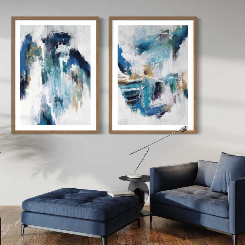 Abstract Art Set of 2 Prints - Blue Rain