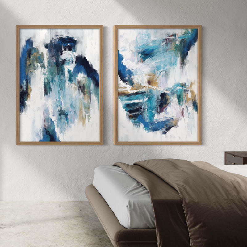 Abstract Art Set of 2 Prints - Blue Rain