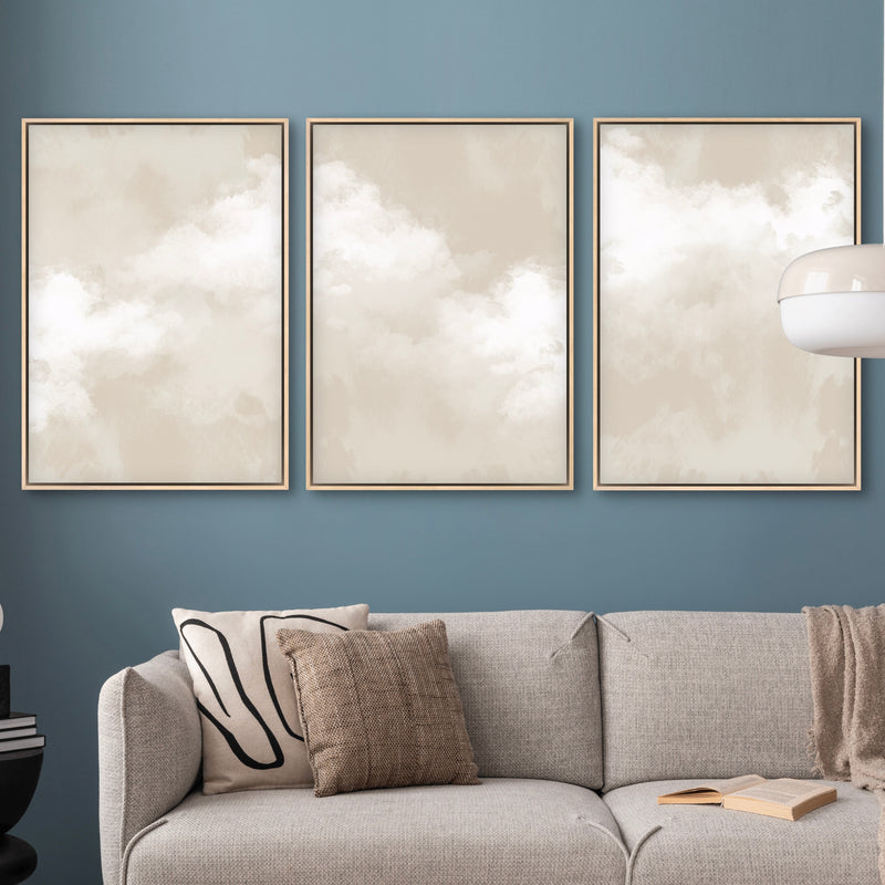 Set of 3 Framed Canvas - Cream Clouds