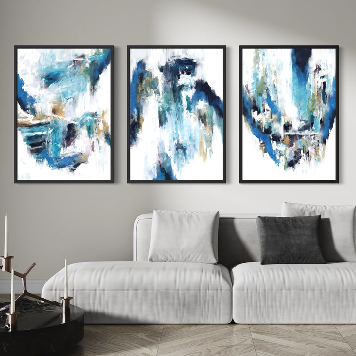 Set of 3 Framed Canvas - Blue Rain