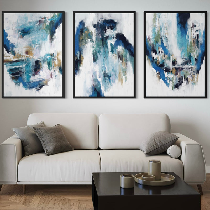 Set of 3 Framed Canvas - Blue Rain